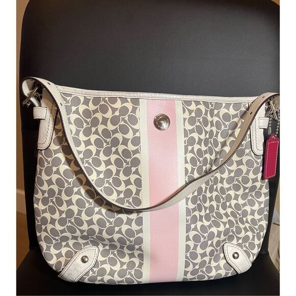 Coach Chelsea Heritage stripe hobo white, gray and pink shoulder bag with extra - Picture 1 of 8